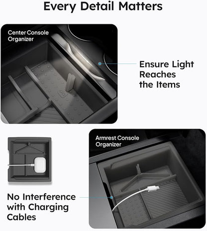 Wigoo Center Console Organizer for Tesla Model Y Juniper (Only Premium & Performance 2025 2026) and All Model 3 Highland Accessories [Double-Layer Storage, Smooth Sliding] 4PCS Gray