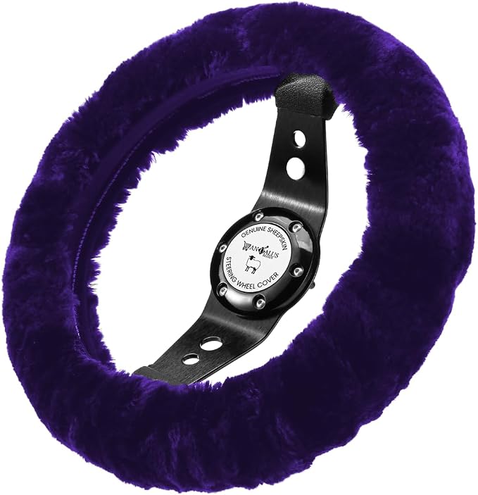Andalus Brands Luxury Fluffy Car Steering Wheel Covers – Genuine Merino Sheepskin, Soft Fuzzy Car Steering Wheel Cover for Women, Universal 14.5-15" Size, Plush Fur Cute Auto Accessories, Dark Purple