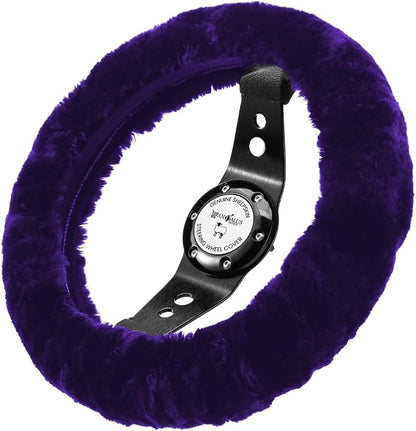 Andalus Brands Luxury Fluffy Car Steering Wheel Covers – Genuine Merino Sheepskin, Soft Fuzzy Car Steering Wheel Cover for Women, Universal 14.5-15" Size, Plush Fur Cute Auto Accessories, Dark Purple
