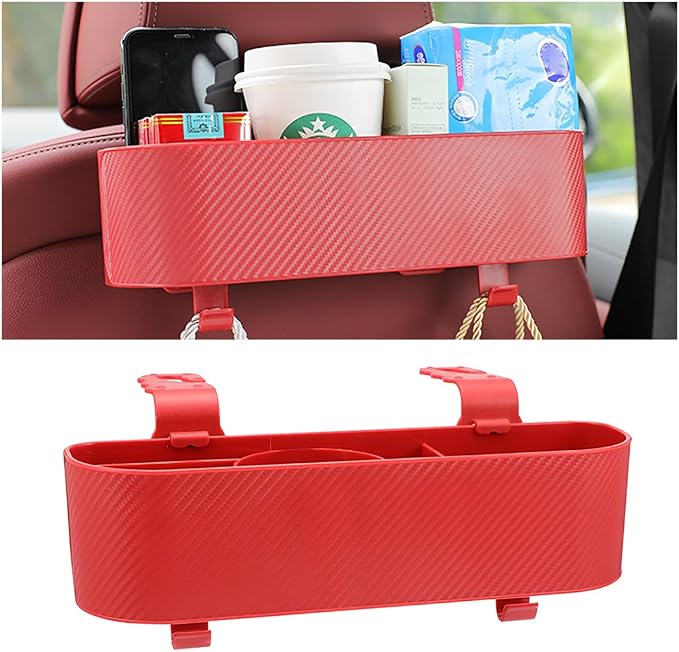 BELOMI Car Headrest Backseat Organizer with Cup Holder, Seat Back Hanging Storage Box with Hooks, Multi-Functional Drink Pocket Food Snack Phone Tray for Kids, Car Travel Accessories (Red)