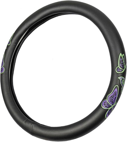BDK GripGrab Comfort Grip - Purple & Green Butterflies on Black Synthetic Leather Steering Wheel Cover 15 inch