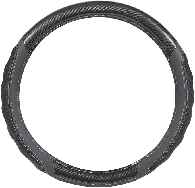 Motor Trend UltraSport Gray Carbon Fiber Steering Wheel Cover, Standard 15 inch Size, Black Faux Leather Comfort Grip, Car Steering Wheel Cover for Auto Truck Van SUV