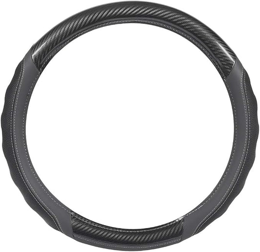 Motor Trend UltraSport Gray Carbon Fiber Steering Wheel Cover, Standard 15 inch Size, Black Faux Leather Comfort Grip, Car Steering Wheel Cover for Auto Truck Van SUV