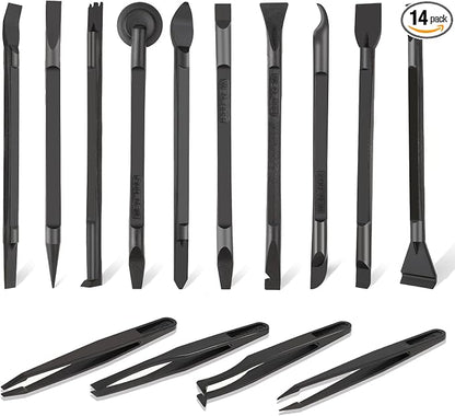 14 Pcs Plastic Crevice Cleaning Tool Car Detailing Spatula Set Black Scraper Tool Non-scratch Small Putty Knife Anti-static Tweezers for Tight Spaces