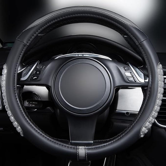 Flying Banner car Steering Wheel Cover Gel Massage Velvet Cool Warm Universal Size 15 inches SUV Truck Anti Slip Odorless Summer Winter (Black Gray, Gel Massage)