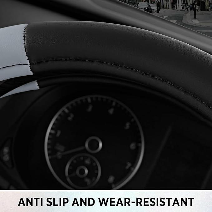 Road Comfort Leather Steering Wheel Cover – Premium Anti-Slip Car Steering Wheel Grip Cover – Universal Fit for 14.5”–15” Cars, Trucks & SUVs - Gray
