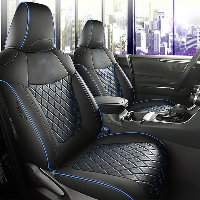 Custom Fit RAV4 Hybrid Car Seat Covers for Select Toyota RAV4 Hybrid (Not for 2019-2025 Hybrid/Prime SE,XSE) 2019 2020 2021 2022 2023 2024 2025 - Full Set,Leather (Blue Check)