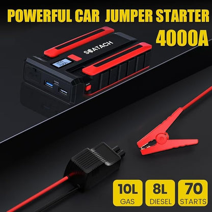 Scatach 4000A Car Battery Jump Starter, 12V Jump Starter Battery Pack (up to 10.0L Gasoline and 8.0L Diesel Engine), Portable Jump Box with Jumper Cable, LED Display, LED Light