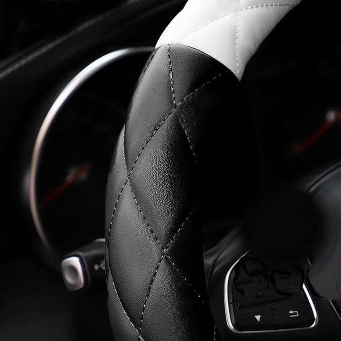 YHONGJT Cute Soft Microfiber Leather Anti-Slip Steering Wheel Cover, Universal 15 Inch for Women Girls, Fit Vehicles, Sedans, SUVs, Vans, Trucks - Black and White
