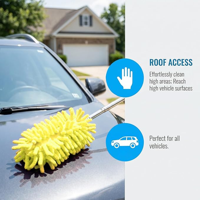 2PCS Car Interior Duster with Extension Pole, 9.45" to 28.35" Microfiber Soft Vehicle Dash Dusting Detailing Wash Brushes, Automotive Dash Cleaning Tool, Universal for SUV RV Truck (Yellow)