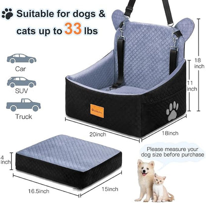 Dog car Seats for Small/Medium Dogs up to 33lbs- Washable, Waterproof, Dog Booster & car Seats with 2 Easy-Install Safety Belts, Non-Slip Base & Storage Pocket(Grey Black).