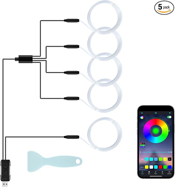 LivTee Smart Car LED Interior Lights with USB Port, LED Strip Fiber Optic Lights, Wireless App Control, Sync to Music, Car Accessories Gifts for Women and Men, 5 in 1