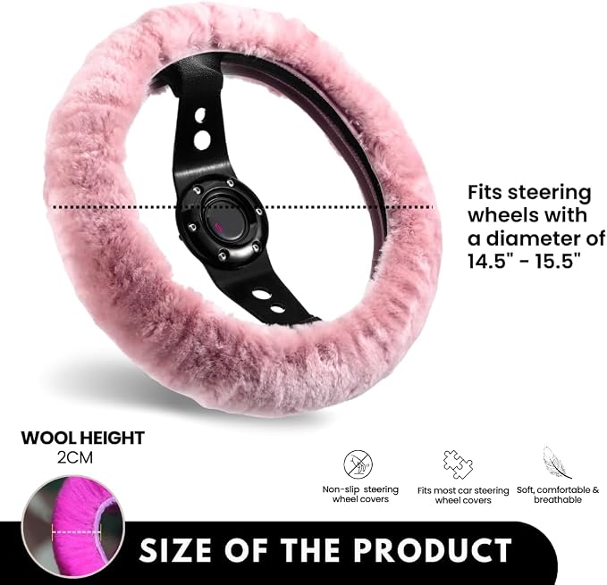 Andalus Brands Luxury Fluffy Car Steering Wheel Covers – Genuine Merino Sheepskin, Soft Fuzzy Car Steering Wheel Cover for Women, Universal 14.5-15" Size, Plush Fur Cute Auto Accessories, Pink