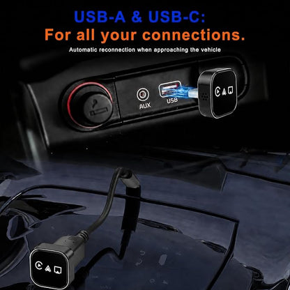 2026 4-in-1 CarPlay Adapter Wireless CarPlay + AirPlay + Android Auto + MirrorLink | Plug-&-Play for iPhone 10+ & Android 11+ | USB-A & Type-C Dual Ports (Black)