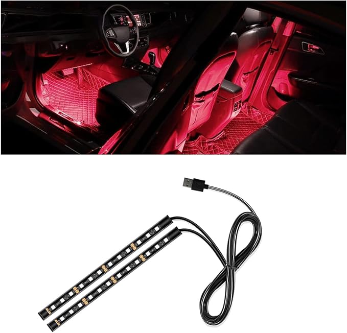 Universal Car LED Strip Light, USB Port Auto Interior Decorative Lamp, 12V Under Dash Ambient Night Light, 24 LEDs RGB Neon Interior Atmosphere Lights, LED Ambient Lights for Car SUV (Red, USB)
