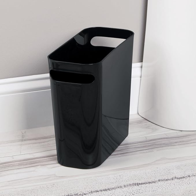 mDesign Plastic Small Trash Can, 1.5 Gallon/5.7-Liter Wastebasket, Narrow Garbage Bin with Handles for Bathroom, Laundry, Home Office - Holds Waste, Recycling, 10" High, Aura Collection, Black