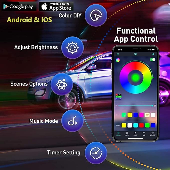 Yielinth Car Underglow Lights, Exterior LED Strip Lights with App and RF Remote Control, 16 Million Colors Underglow Kit for Car, 4 Pieces
