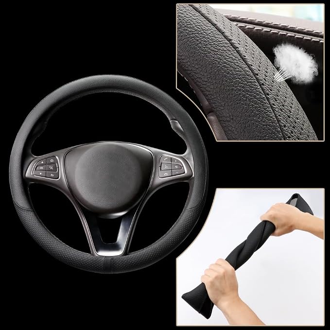 COFIT Breathable Car Steering Wheel Cover 15 inch Auto Universal Leather Wrap Non-Slip Steeringwheel Protector Automotive Interior Accessories, Black (Suit for 14 1/2-15 inch)