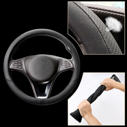 COFIT Breathable Car Steering Wheel Cover 15 inch Auto Universal Leather Wrap Non-Slip Steeringwheel Protector Automotive Interior Accessories, Black (Suit for 14 1/2-15 inch)