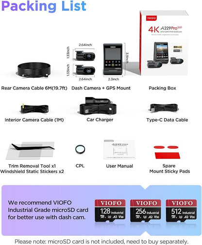 VIOFO A229 Pro 3 Channel 4K HDR Dash Cam, Dual STARVIS 2 Sensors IMX678 & IMX675, 4K+2K+1080P Front Inside and Rear Triple Car Camera, 5GHz WiFi GPS, Voice Control, 24H Parking Mode