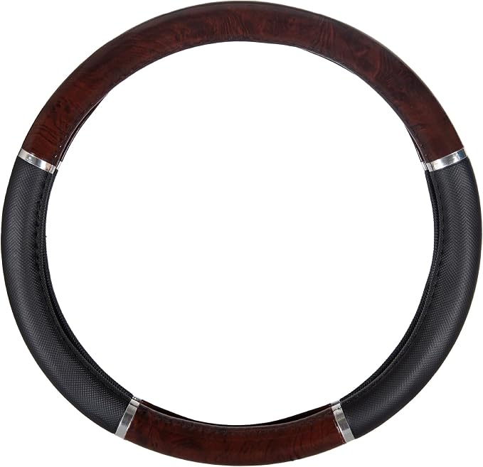 BDK Dark Wood Grain Car Steering Wheel Cover, Standard 15 inch with Black Faux Leather Grip, Made to Fit Most Auto Truck Van SUV