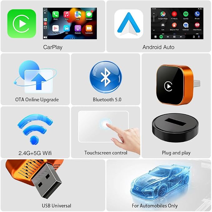 2026 Upgraded Wireless CarPlay & Android Auto Adapter – Convert Wired to Wireless, Plug & Play Compact USB Dongle, Fast Stable Auto Connect, Compatible with iPhone & Android (Orange Square USB)