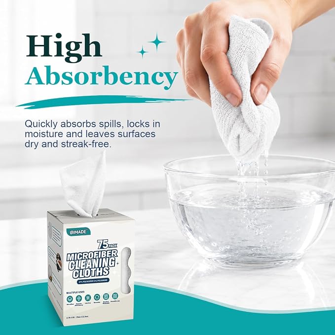 UNIMADE Microfiber Cleaning Cloth, 75 Sheets Microfiber Towels for Cars Commercial Grade Washcloths Lint-Free Bulk Shop Towel Cleaning Rags for Household Restaurant Garage Housekeeping, 11"x 9", White