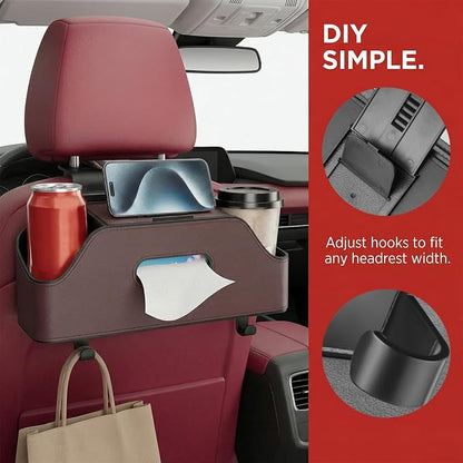 Car Backseat Headrest Organizer, Multifunctional 4-in-1 Back Seat Tissue Box with Cup Holders Hooks, Auto Seat Back Storage Organizer for Hold Phones, Drinks, Bags, Universal Fit (Brown)