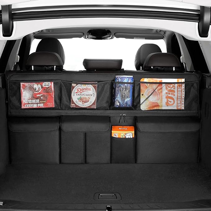 Viaviat Hanging Car Trunk Organizer, Collapsible Backseat Storage Bag with 9 Large Pockets for Medium or Large Size SUV, Truck, MPV, Car Interior Accessories (Black)