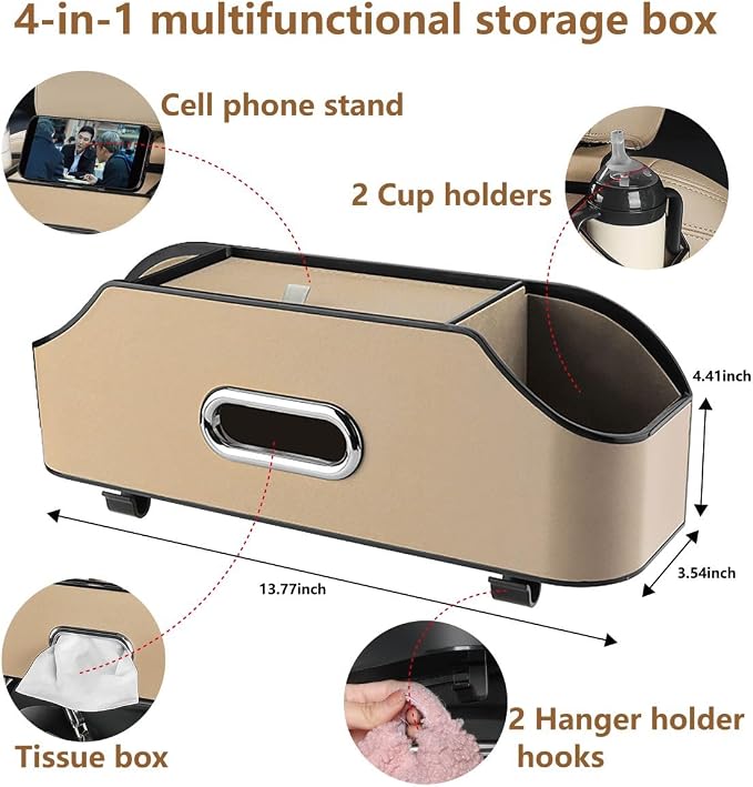 Backseat Car Organizer with 2 Drink Cup Holder - Tissue Holder - Car Seat Hooks for Headrest - Multi-functional Storage for Travel - Perfect for Kids, Adults(Beige)
