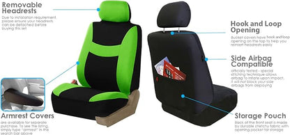 FH Group Stylish Full Set Car Set Covers Front Set and Rear Split Function, Airbag Compatible – Universal Fit for Cars Trucks & SUVs (Green/Black)