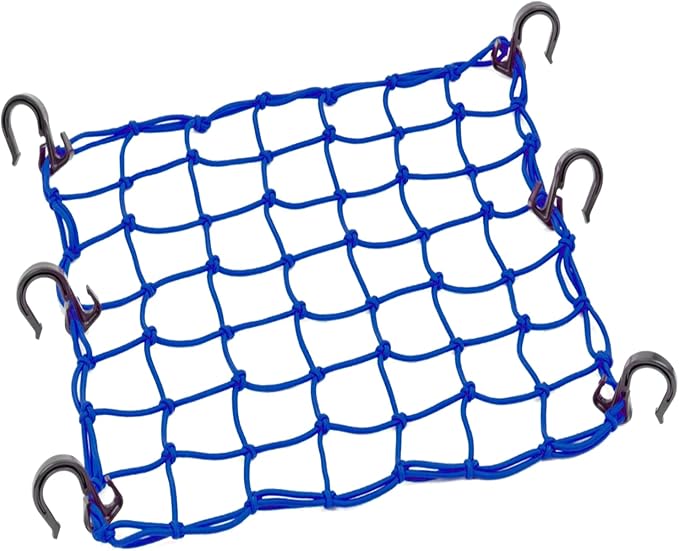 Small Cargo Net 15"x15" Stretches to 30"x30" with Thicken Hooks | Natural Latex Core, Tight 2”x2” Mesh Heavy Duty Bungee Net for Motorcycle Helmet, Bike, ATV, UTV, Luggage (Blue, 1 Pack)