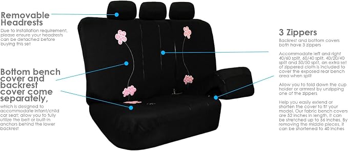 FH Group Car Seat Covers Floral Full Set Black Automotive Airbag and Split Rear Seat Cover Universal Fit Interior Accessories for Cars Trucks and SUV Car Accessories Van Seat Covers