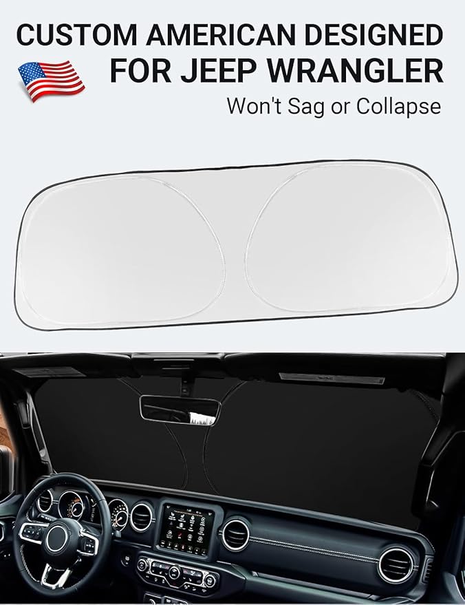 Proadsy Windshield Sun Shade Custom Fit Jeep Wrangler JL JLU & Gladiator JT 2018-2024 2025 2026 4-Layer Foldable Front Sunshade Protector Sun Visor Blocks UV Rays Keep Car Cooler Accessories
