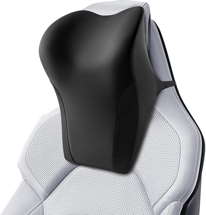 BABUR Car Neck Pillow for Driving Seat, Memory Foam Car Headrest Pillow, Ergonomic Neck Support, Breathable Removable Cover, Adjustable Strap, Pain Relief for Long Drives, Universal Fit | Black