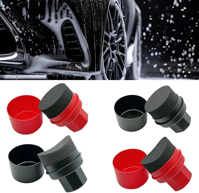 Wheel Tire Sponge Brush for Car Polishing and Waxing with Protective Lid, Featuring Curved and Flat Shape Applicators (Red trim)