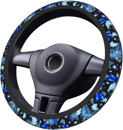 Blue Butterfly Steering Wheel Cover Universal 14.5-15 Inch Car Wheel Protector Anti-Slip Car Steering Wheel Accessories for Women Girls