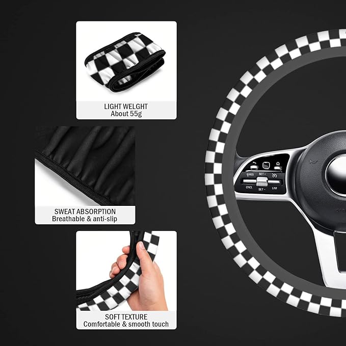 Checkerboard Steering Wheel Cover, Black and White Anti-Slip Universal Car Steering Wheel Cover, Checkerboard Race Soft Breathable Neoprene 15 Inch Car Accessories Case fit for Cars Auto SUVs
