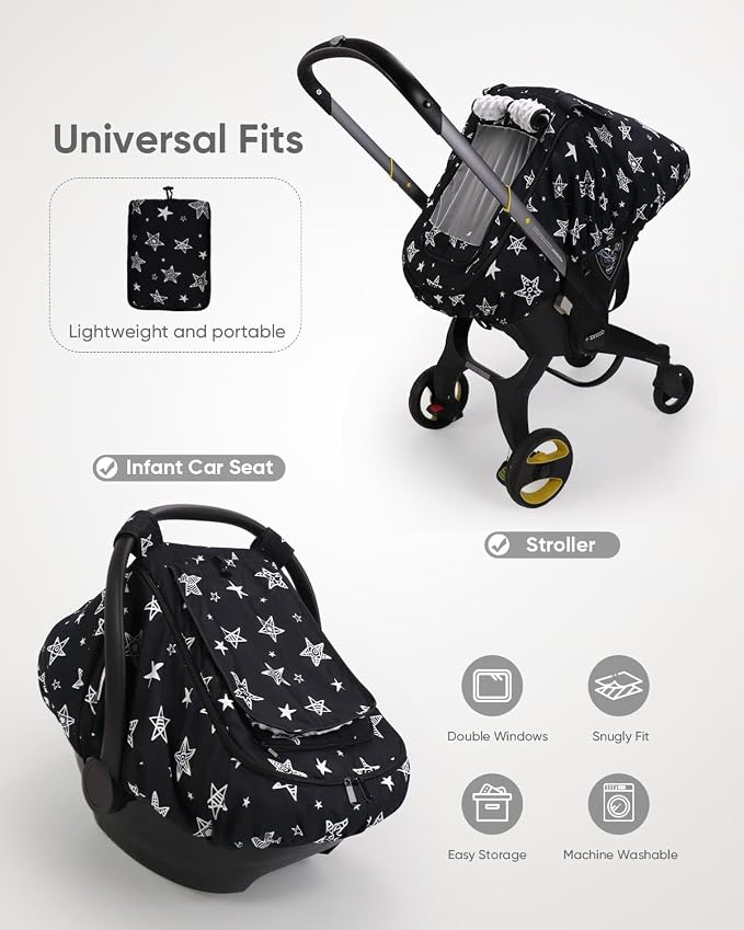 Car Seat Cover Baby Boy, Infant Car Seat Canopy Outdoor, 2 Layers with Mesh and Sun Shade Window for Summer Winter, Easy Access Carseat Covers Snug Fit Baby Stroller - Black Star
