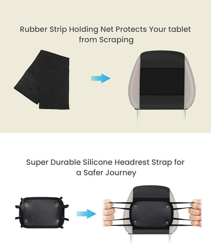 WONNIE Car Tablet Holder, Upgraded iPad Holders for Car Mount Headrest, iPad Mount Back Seat for Kids with Anti-Slip Strap, Silicone Holding Net/Fits All 7-12.9'' Tablets, 2 Pack