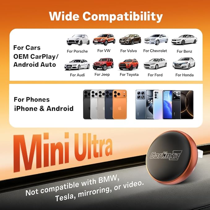 CarlinKit Mini Ultra 2026 – Wireless 2-in-1 CarPlay & Android Auto Adapter | Orange | Plug & Play | Converts Factory Wired to Wireless | Auto Connect | for iPhone & Android | Ultra-Compact Design