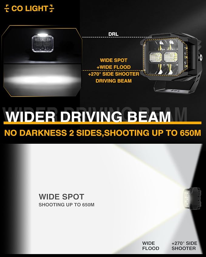 CO LIGHT 5 Inch 130W LED Cube Pods Offroad Driving Light with Side Shooter 11533LM Super Bright Square Offroad Lights with 270°Combo Beam Ditch Light White DRL for Offroad ATV Wrangler Truck Pickup