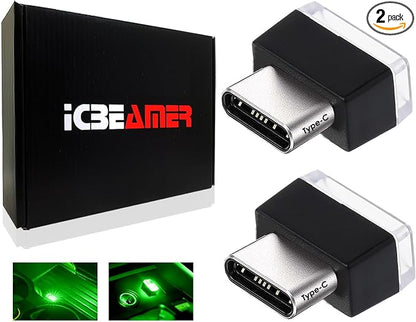 ICBEAMER Type C Adapters Atmosphere Light 1-Pack (Green) | Universal Plug-in Miniature LED Night Light for Car Interior and Trunk Ambient Illumination