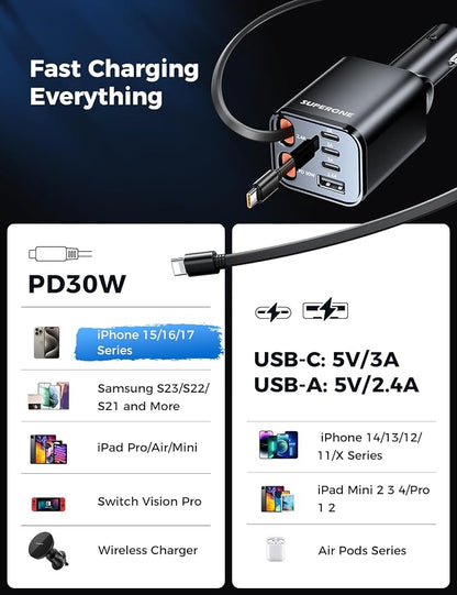 Retractable Car Charger, SUPERONE 99W Car Phone Charger with Cables Fast Charging, USB C Car Charger Adapter for iPhone 17 16 15 14 13 12, Samsung, Black