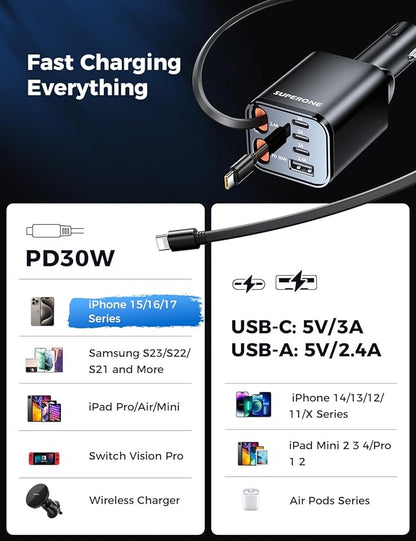 Retractable Car Charger, SUPERONE 99W Car Phone Charger with Cables Fast Charging, USB C Car Charger Adapter for iPhone 17 16 15 14 13 12, Samsung, Black (Pack of 2)