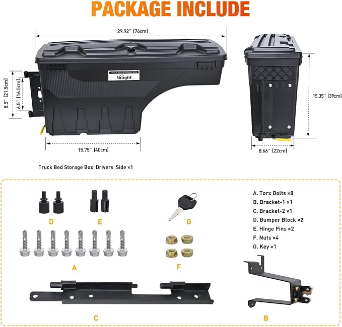 Nilight Truck Bed Tool Box Left Drivers Side Truck Tool Box Fit for Chevrolet Silverado 1500 GMC Sierra 1500 2019 2020 ABS Swing Case Truck Bed Storage Box w Lockable Lid Waterproof Wheel Well Toolbox