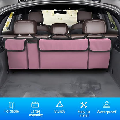 Car Trunk Organizer with Lid, Large Waterproof Vehicle Backseat Hanging Storage Bag with 4 Pockets & Adjustable Straps, Collapsible Automotive Interior Cargo Bag, Universal Fit (Pink)