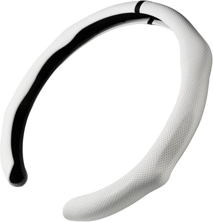 Quick Install Sporty White Perforated Nappa Leather Steering Wheel Cover with Black Top Stripe for Tesla Model Y White Trim