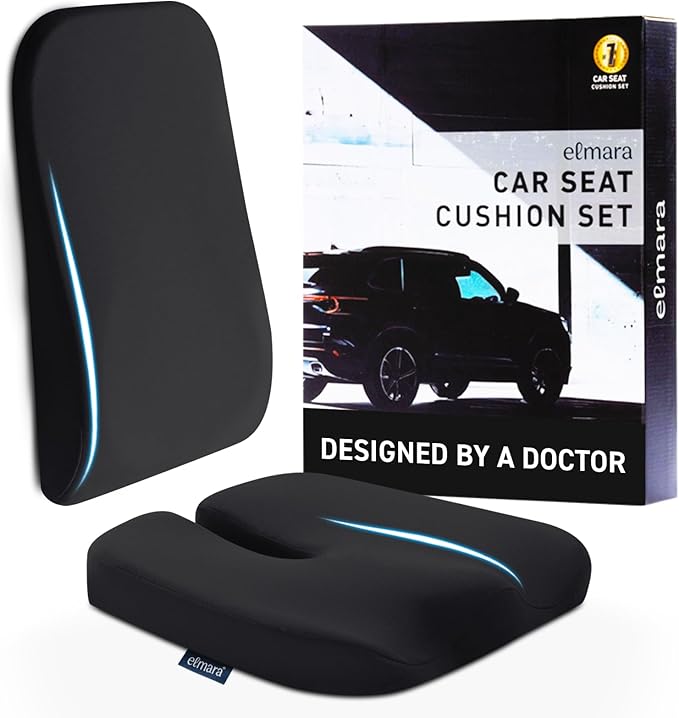 Elmara Doctor-Designed Car Seat Cushions for Driving – Car Seat Back Support, Driver Seat Cushion and Back Cushion for Car, Pillow for Driving Seat – The Ultimate Comfort Solution for Cars (Black)