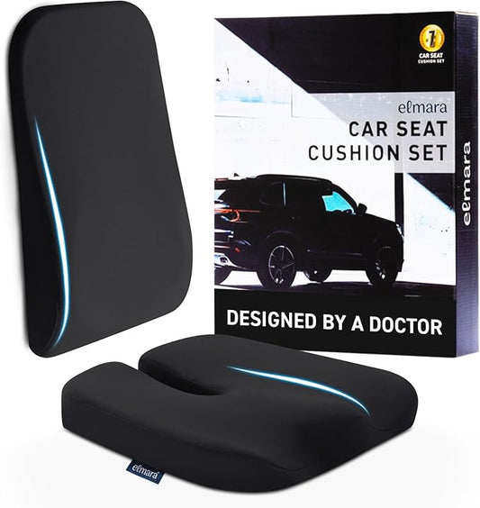 Elmara Doctor-Designed Car Seat Cushions for Driving – Car Seat Back Support, Driver Seat Cushion and Back Cushion for Car, Pillow for Driving Seat – The Ultimate Comfort Solution for Cars (Black)